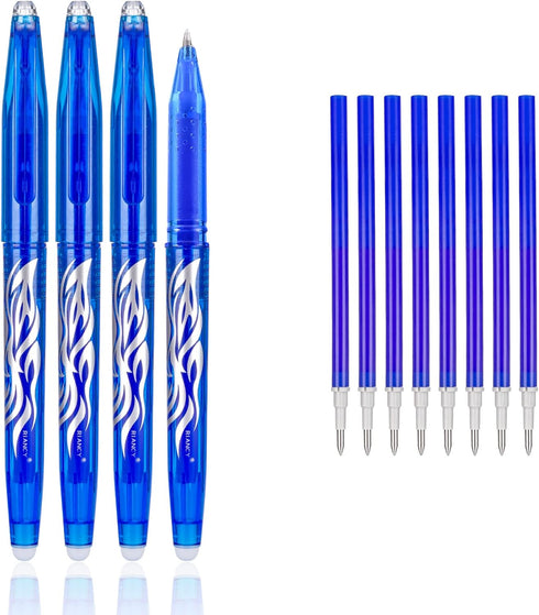 RIANCY Erasable Gel Pens, Blue Pen 0.5mm Fine Point, Pack of 4 Blue Pens + 8 Refills for Smooth Writing