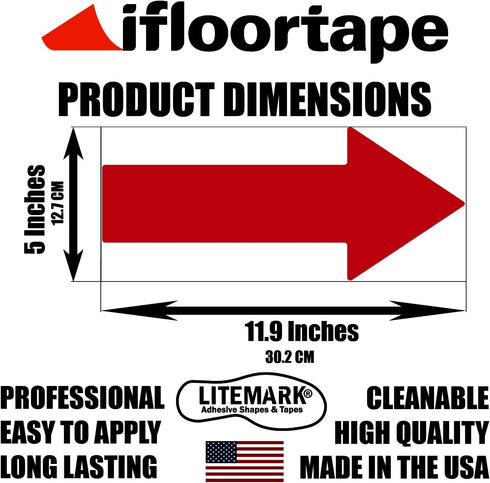LiteMark Large Red Arrow Stickers 651 Durable Gloss Finish Decal - Floors, Walls, Signs (Pack of 6 Arrows)