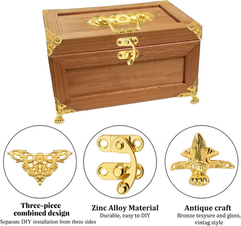 Gold Jewelry Box Kit - Antique Lock Latch Hasp Hinges and Corner Protectors for DIY Jewelry Box