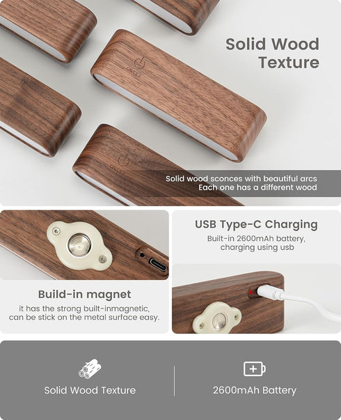 360Rotate (1 Pack Wood LED Wall Sconce Magnetic Wall Mounted Lamp Brightness Adjustable Night Lights Rechargeable