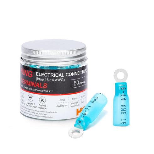 HKS 50 PCS Ring Terminals #6 Blue 16-14 AWG - M3.5 - Heat Shrink Wire Connector Kit, Waterproof and Insulated
