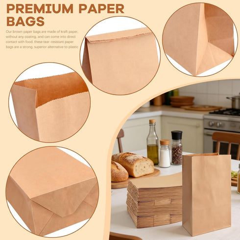 50 Pack 4 Lb 9.57" 5.12"3" BadenBach Brown Paper Lunch Bags, Small Bread Bags Bulk, Heavy Duty Kraft Paper Sacks