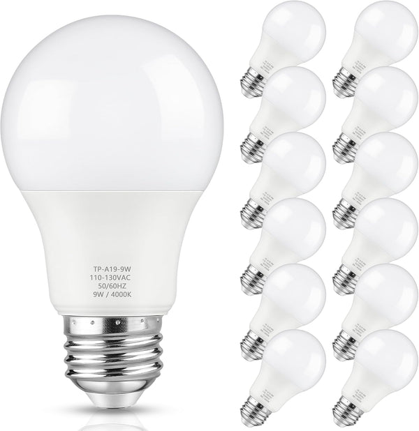 12-Pack A19 LED Light Bulbs, 60W Equivalent, Neutral White 4000K, 850LM, E26 Base, Non-Dimmable, 9W Bright