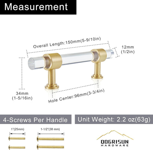 QOGRISUN 2-Pack Gold Modern Acrylic Cabinet Pulls with Brass Base, 3-3/4-inch Hole Center, 5.9-inch Total Length