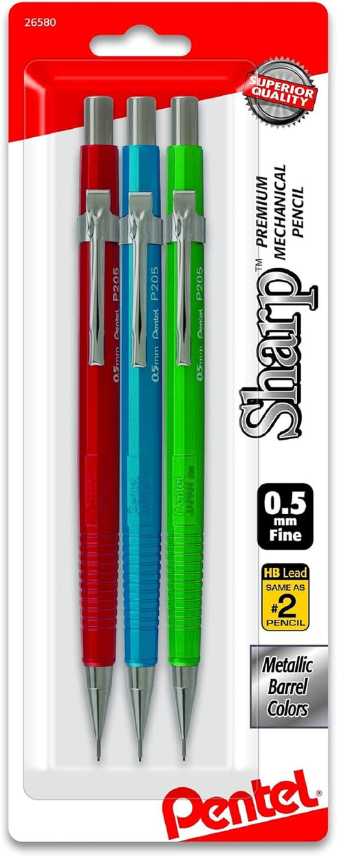Pentel P205MBP3M1 Sharp Mechanical Drafting Pencil, 0.5 mm, Assorted Metallic Barrels, 3/Pack
