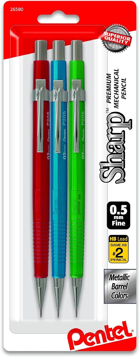 Pentel P205MBP3M1 Sharp Mechanical Drafting Pencil, 0.5 mm, Assorted Metallic Barrels, 3/Pack