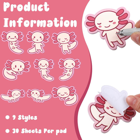 Nuenen 9 Pads Axolotl Sticky Notes, Cute Memo Pads, Kawaii Gifts, Cartoon Self Stick Pads, 30 Sheets/Pad for School