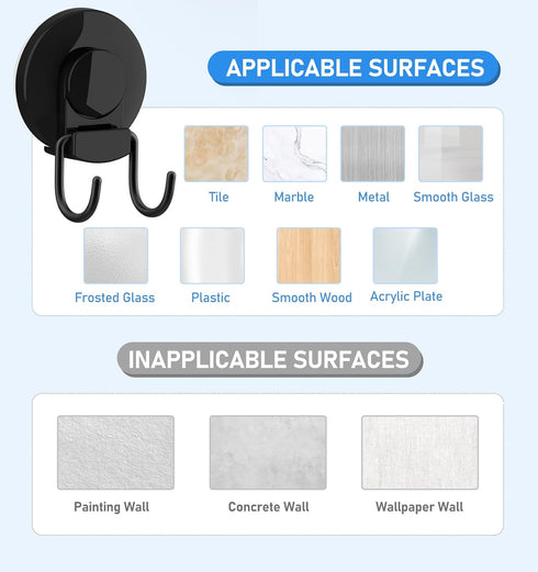 VIS'V Heavy Duty Suction Cup Hooks, Black Bathroom Shower Hooks, Removable Reusable Holders for Tile Wall, 2 Pcs