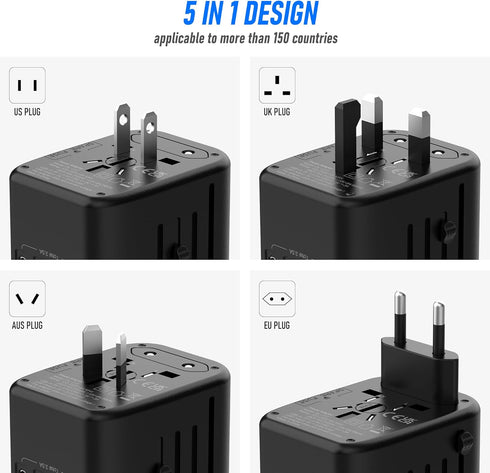 Universal International Power Travel Plug Adapter, 5 in 1 European Adapter with 2xUSB-A and 2xUSB C Wall Charger