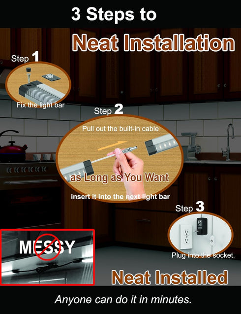 Counter 3Pcs 6500K 1350Lm Under Cabinet Lights Built-in ADIUSTABLE Cable LED Light Bar No Messy Wires! Touch Under