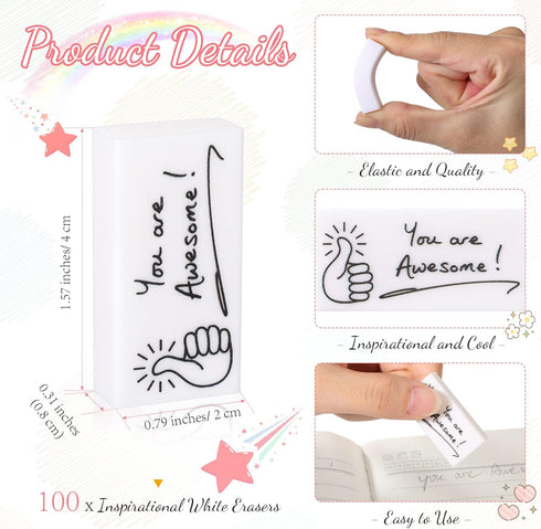 Fuutreo Pencil Erasers, Inspirational "You are Awesome" Bulk Erasers for Kids, Students, and Classroom Prizes (100 Pcs)