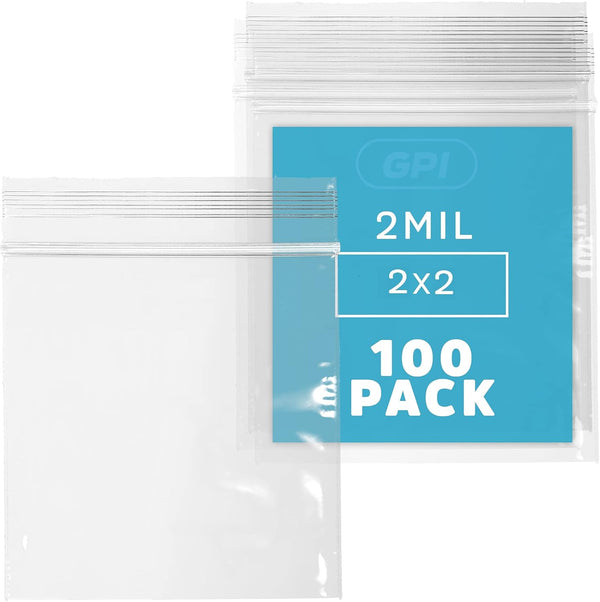 CLEAR PLASTIC RESEALABLE ZIP BAGS - Bulk GPI Pack of 100, 2" x 2" 2 mil Thick Strong Poly Baggies for Jewelry, Travel,