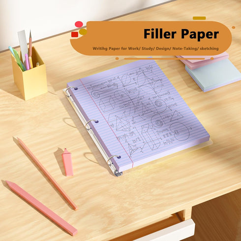 AILZFEI 100 8 10.5 3-Hole 3-Ring 8" 10.5" Purple Loose Leaf Paper Sheets Colored Filler Paper * College Ruled Paper