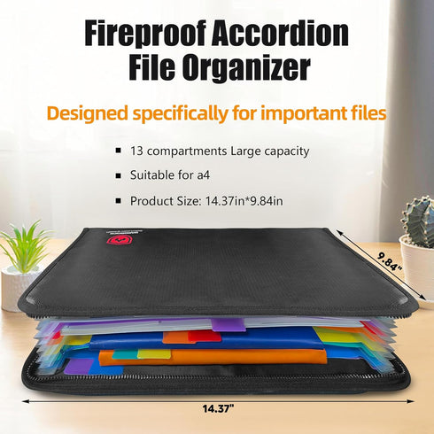 Fireproof Accordion File Organizer, Portable Document Holder for Important Papers, Waterproof Binder for A4