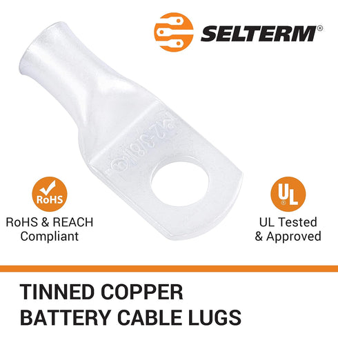 SELTERM 10pcs 2 AWG-3/8" Stud Tinned Copper Wire Lugs, Heavy Duty Battery Cable Ends, UL Battery Lugs