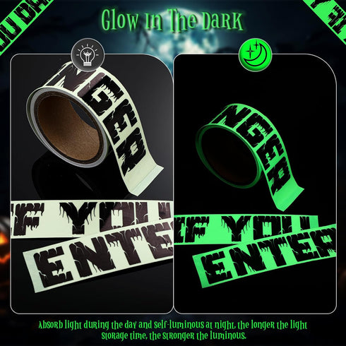 Halloween Caution Tape Glow in The Dark, 2 in x 32.8 ft, Scary Decorations for Haunted House Indoor Outdoor