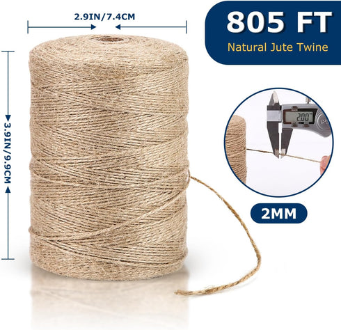 805FT Packing Vanhench Natural Jute Twine String, Bulk Hemp Jute Rope Cord Twine for Crafts Gardening, Gift Wrapping