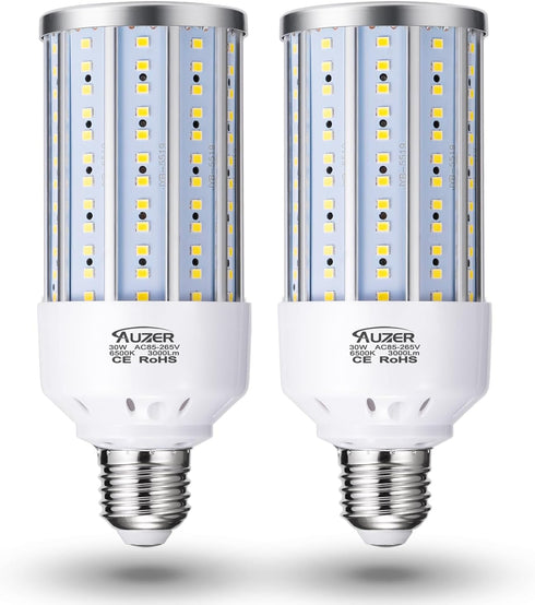2-Pack E26 Standard Base LED Corn Light Bulb, 30W (200W Equivalent), 6500K Daylight for Garage, 85V-265V