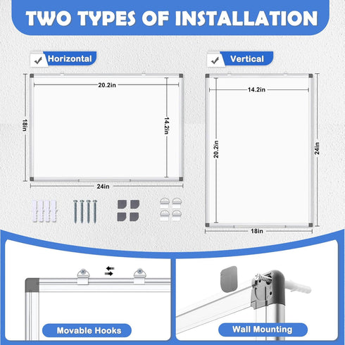 WALGLASS Double-Sided White Board, 24" x 18" Magnetic Whiteboard for Wall, Silver Aluminium Frame for Home