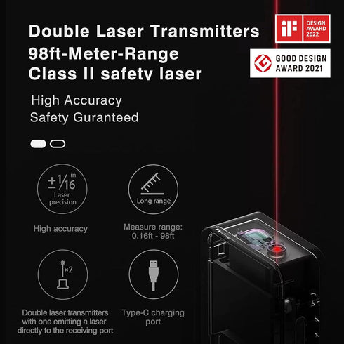 98Ft 2mm HOTO Laser Measuring Tool, Pocket-Size Laser Tape Measure Accuracy, USB-C Rechargeable, OLED Display, Ft/M/