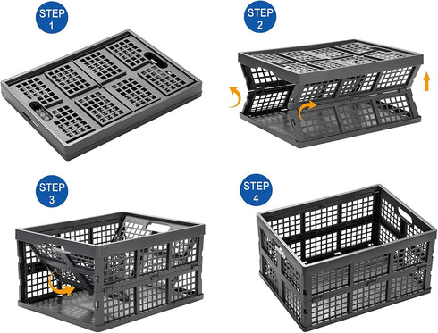 Eslite 34L Large Collapsible Plastic Folding Storage Crates, Pack of 3 (Grey)