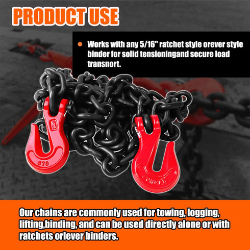 G80 Transport Binder Chain 5/16 Inch x 16 Foot, 4,900 lbs Safe Working Load, Tow Chain with Clevis Hooks
