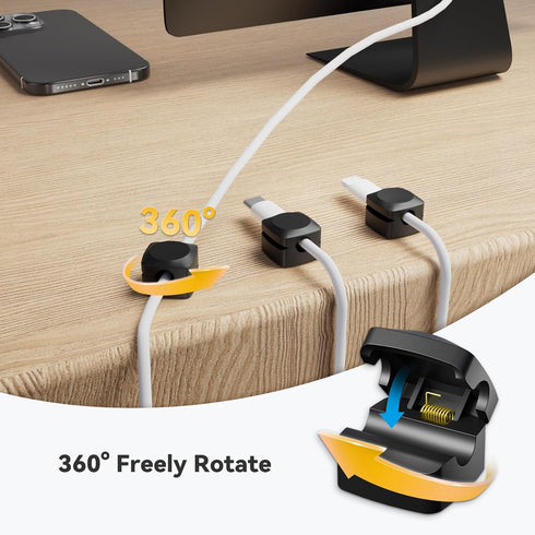 Daisyhome (8*Black) Rotatable Cord Organizer, Enhanced Spring Cable Clips, Strong Adhesive Cable Management, Desk Cord