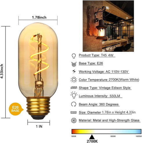 Dimmable T45 T14 E26 2700K 4W Amber Tubular LED Bulbs, Vintage Edison Warm Yellow, 550Lm, Pack of 4