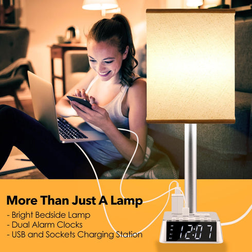 Yostyle Bedside Table Lamp - 4 USB Ports and AC Power Outlets with Alarm Clock Base