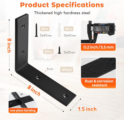 WINKER 8 Inch 8 Inchx8 Inchx1.5 Inch Shelf Bracket Heavy Duty Black Brackets for Shelves Corner L Bracket for Wall