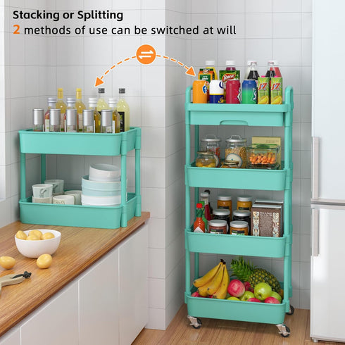 Calmootey 4-Tier Rolling Utility Cart with Drawer, Multifunctional Storage Organizer with Plastic Shelf & Metal Wheel,