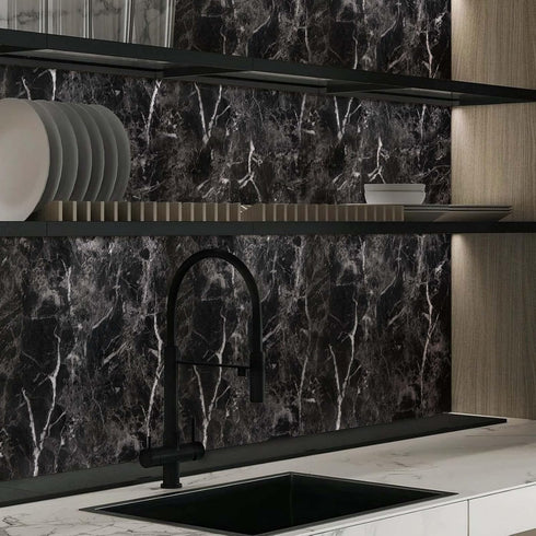 Black Marble Paper Peel and Stick Wallpaper 17.7" x 78.7" Self Adhesive Thickening for Kitchen Bathroom Furniture