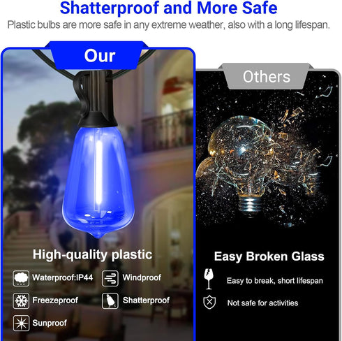 26Ft ST38 12+1 ST38 Bulbs, LAMPHOME Outdoor String Lights, Blue Patio Lights with Edison LED Shatterproof String Lights