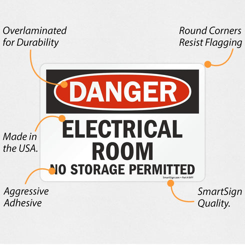 SmartSign - U9-1313-ND_5x7 "Danger - Electrical Room, No Storage Permitted" Label | 5" x 7" Laminated Vinyl Black/Red on White