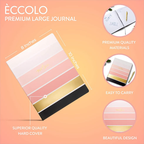 WORLD TRAVELER Eccolo Large Lined Journal Notebook, Hardbound Cover, Writing Journal, 256 Ruled White Pages, Ribbon Bookmark, Lay Flat, Desk Size for Work or School, Ombre Stripes (Pink, 8x10 inches) by WORLD TRAVELER