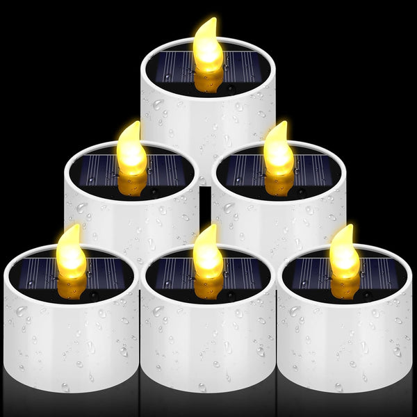 6 Pcs Outdoor Waterproof Solar Tea Lights, 2 x 2.2 Inches Rechargeable Flameless Flicker LED Dusk to Dawn Tealight