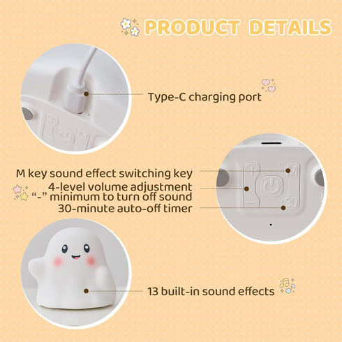 nextanG Dimmable Cute Ghost Night Light for Kids, Rechargeable Silicone Bedside Night Light with Tap Control, Nursery