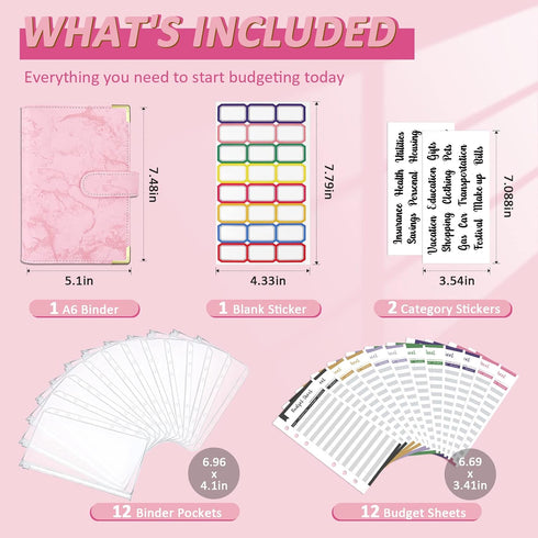 Onlyesh Budget Binder, Cash Envelopes for Budgeting, Money Organizer for Cash, 28Pcs Budget Binder with Cash Envelopes, Marble 6-Ring Money Saving Binder(Pink) by ONLYESH