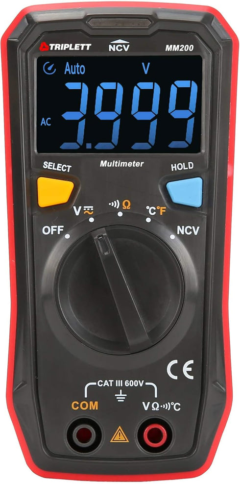 Triplett MM200 Compact 4000 Count Multimeter for AC/DC Voltage, Resistance, Temperature, Continuity, Black