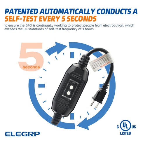 ELEGRP G1215CM2 G20CMR Patented Auto-Monitoring GFCI Replacement Plug Inline Assembly, Manual Reset 15 Amp Non-Grounded 2 Wires 2-Prongs for Power Tools, Lawn Equipment etc, UL Listed, 1 Pack, Black