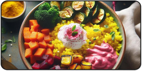 GENERIC Vibrant Turmeric Rice Bowl Desk Mat with Roasted Veggies and Beet Yogurt