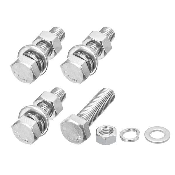 Hex Head Screws Bolts, Nuts, Flat & Lock Washers Kits (M12-1.75x45mm) 4 Set, Fully Threaded Stainless Steel Machine