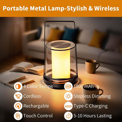 Dimmable Black Touch Table Lamp with Dynamic Flame Effect - Portable, Rechargeable Bedside Lamp, Tap for Flickering
