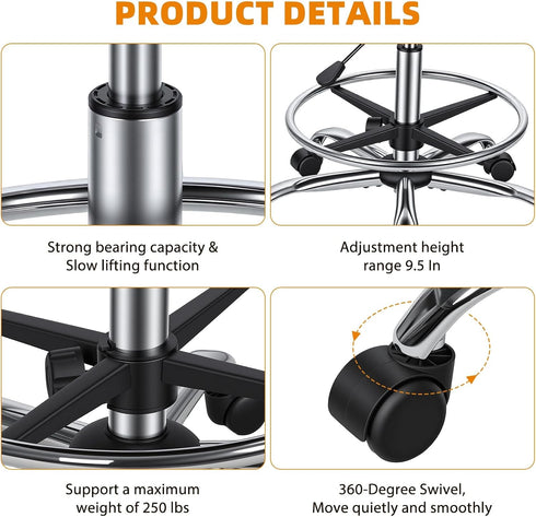 sexaoalx 360 Counter Drafting Chair with Back Height Adjustable Office Desk Stool with Foot Rest Round Rolling Stool