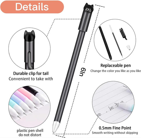 Cat Pens, 12pcs Cute Cat Style Gel Pens with 0.5mm Black Ink, Fun Gifts for Kids, School, Office by HPTZYQY