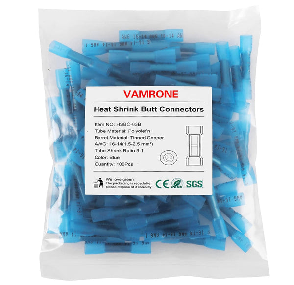 Heat Shrink Butt Wire Connectors, 100Pcs 16-14 AWG Blue Insulated Waterproof Electrical Wire Crimp Terminals