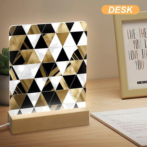KNASNCHD Fashion Modern Black White Gold Triangles Night Light with Wood Base USB Interface Power Supply,Bedside Table