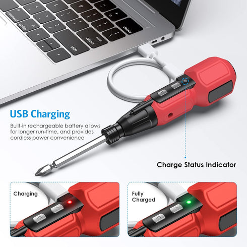 AMIR Cordless Screwdriver Set, Rechargeable Electric Tool Kit with USB Cable and LED Lights, Red