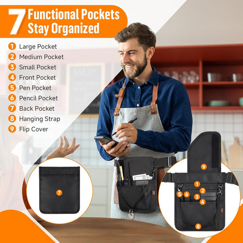 7 Desing Wish Flip Cover Server Apron with Pockets & Hanging Strap, Waitress Apron with Adjustable Belt Work Tool Bag