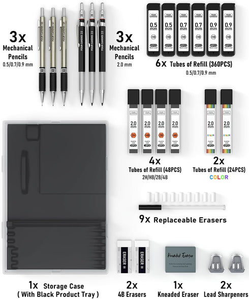 FourCandies 25PCS Art Mechanical Pencil Set with Case, 3PCS Metal Artist Lead Pencil 0.5, 0.7, 0.9 mm & 3PCS 2mm Lead
